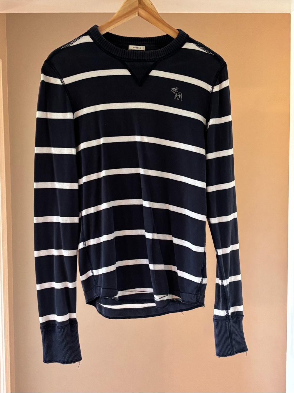 Abercrombie & Fitch Navy and White Striped Crewneck Sweater